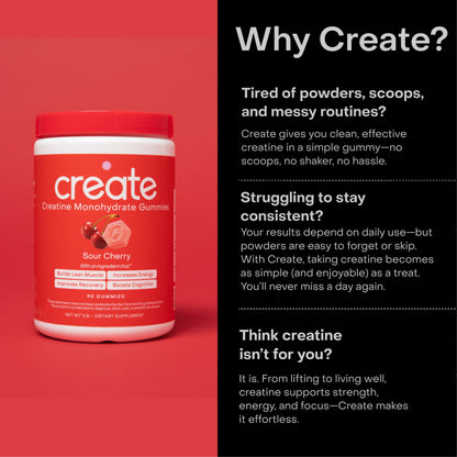 Create Creatine Monohydrate Gummies – 1.5g Per Gummy, Sour Cherry, Vegan, Gluten‑Free
