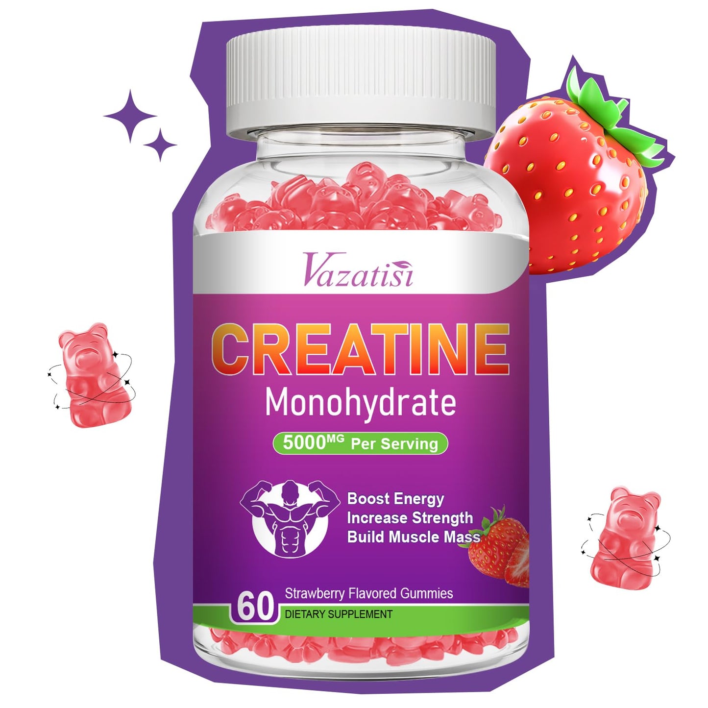 Creatine Monohydrate Gummies – Sugar Free Vegan, Strawberry, 60 Count