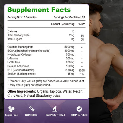 Creatine Monohydrate Gummies – Sugar Free Vegan, Strawberry, 60 Count
