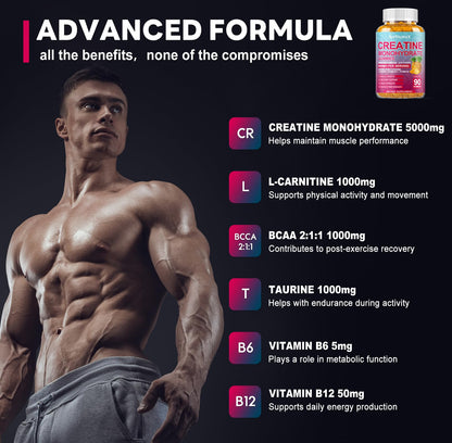 Creatine Monohydrate Gummies with BCAA & L-Carnitine – Pineapple Flavor, 180 Count