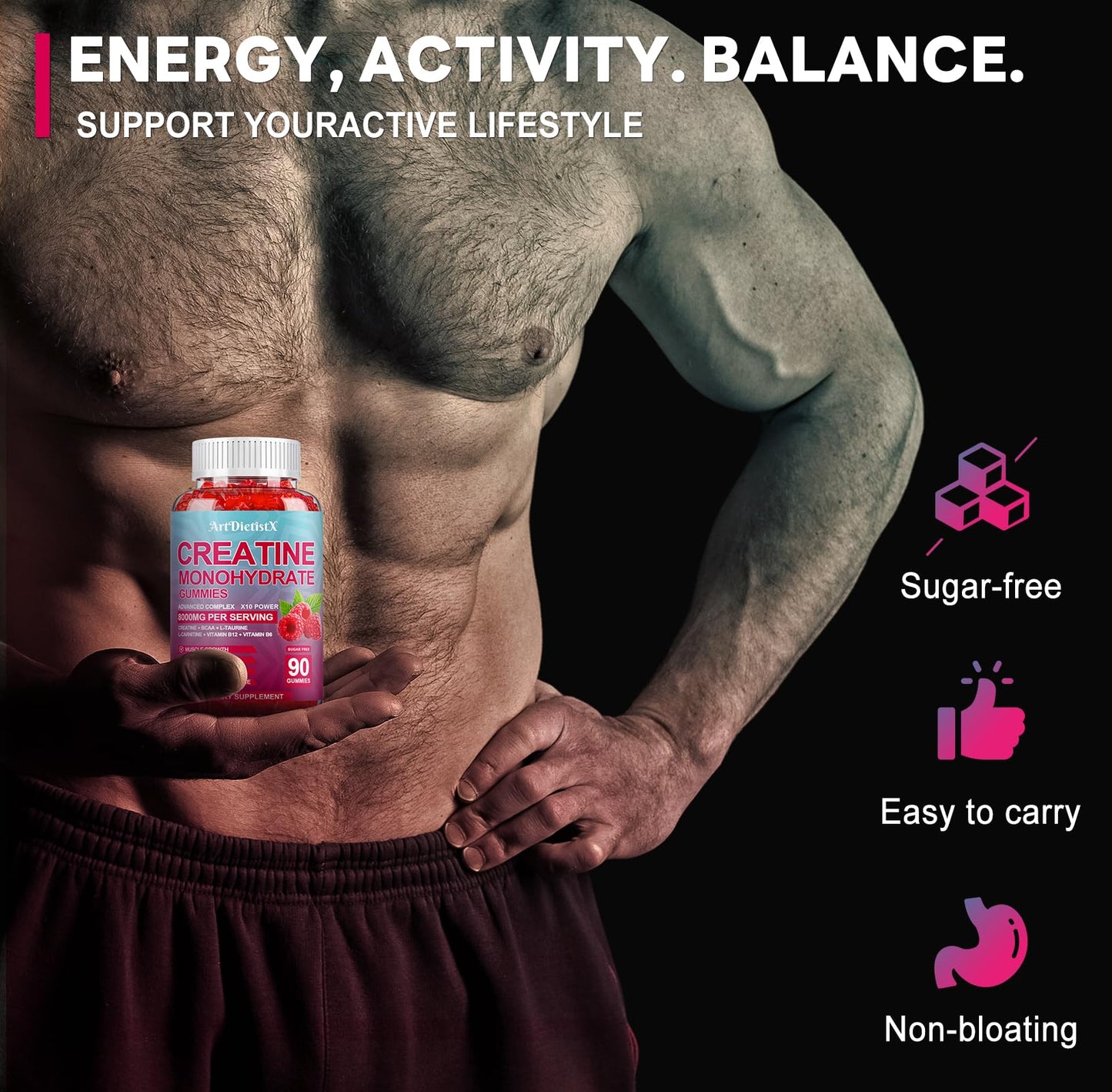 Creatine Monohydrate Gummies 8000mg with BCAA, L-Carnitine, Taurine & Vitamin B12 – Raspberry Flavor, 90 Count
