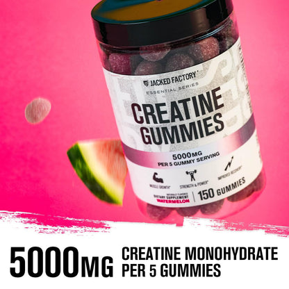 Jacked Factory Creatine Monohydrate Gummies 5g Daily Dose – 150 Watermelon Gummies | Vegan, Travel-Friendly, Third-Party Tested