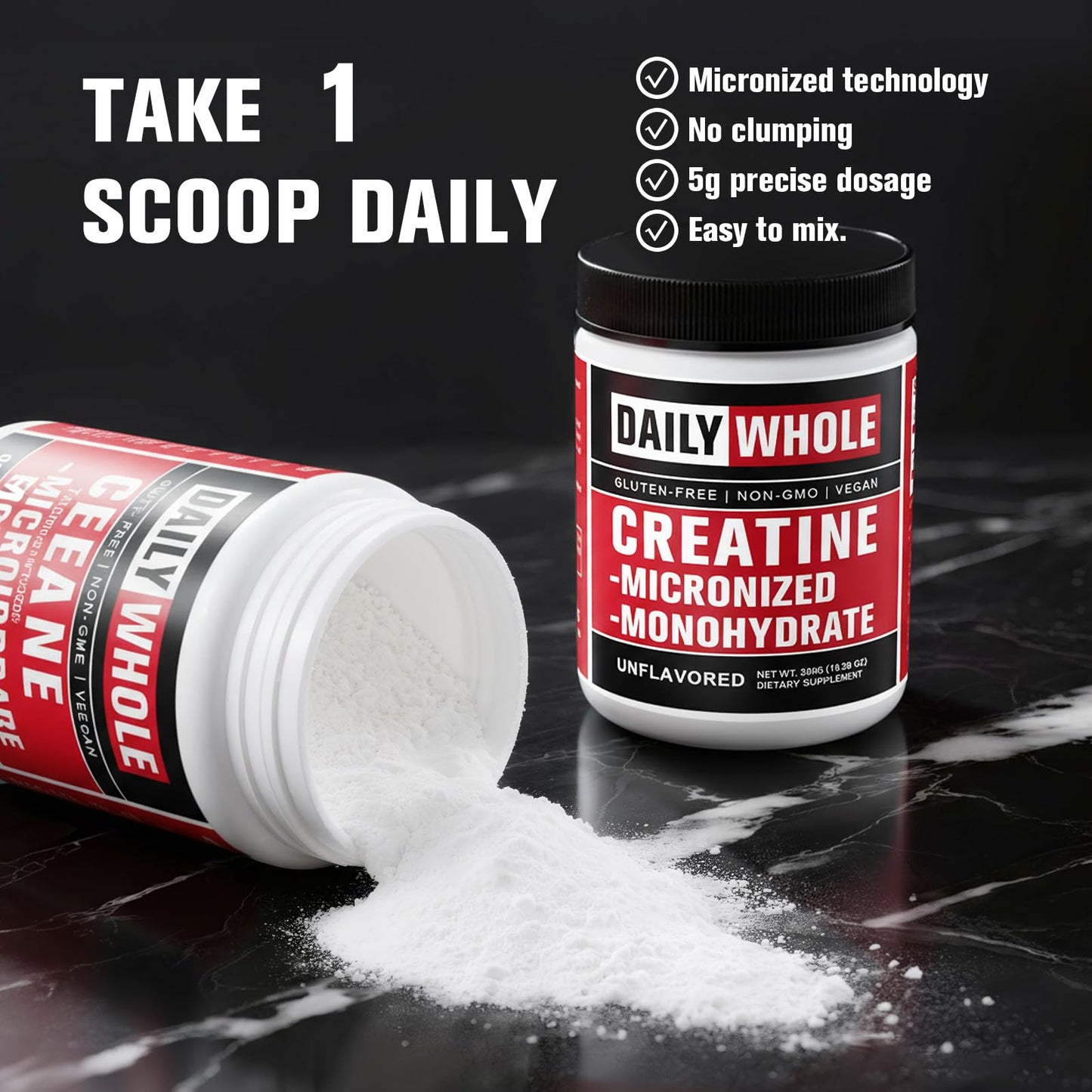 5000mg Creatine Monohydrate Micronized Powder – Unflavored, 300g (60 Servings) – Sugar-Free, Vegan, Non-GMO with Scoop