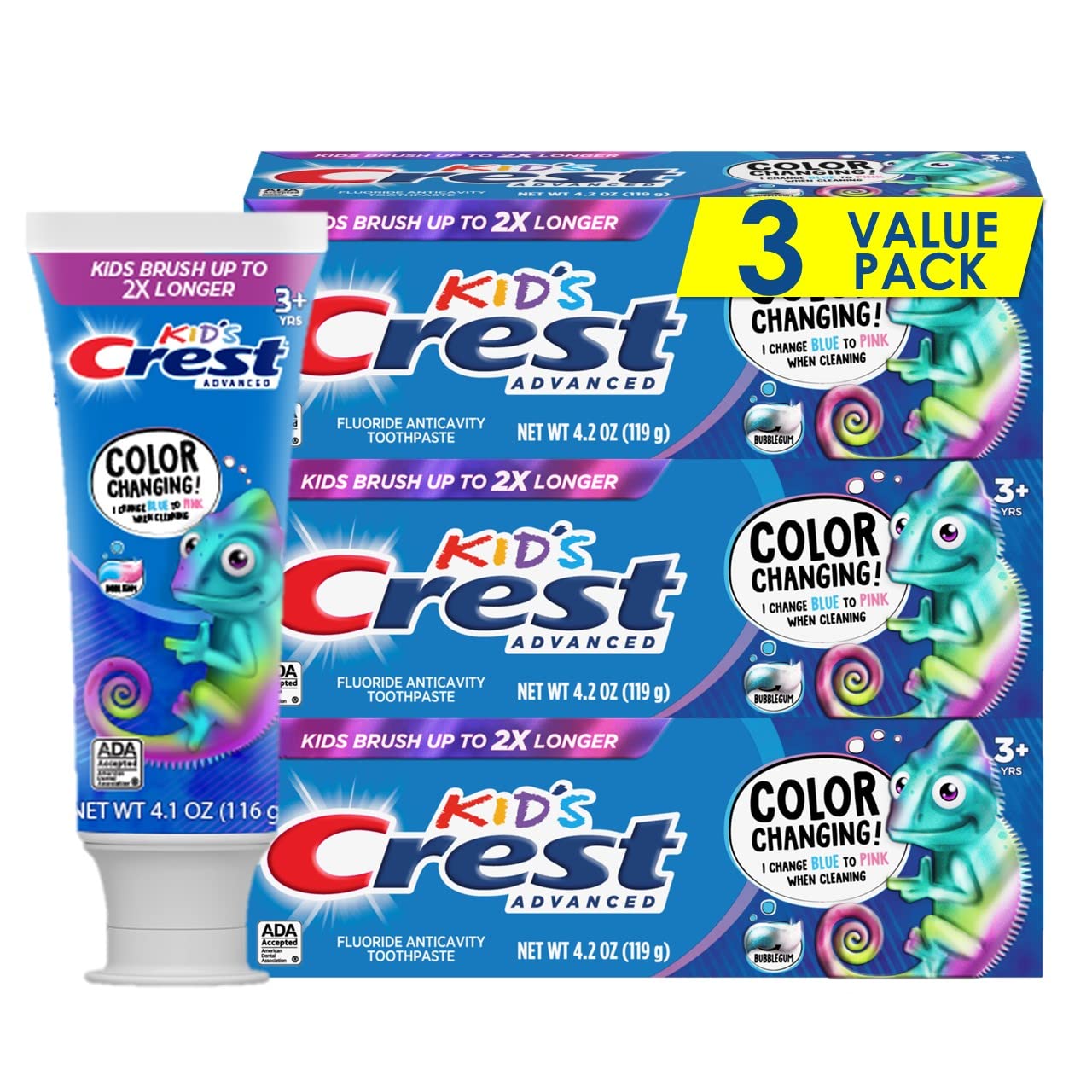 Crest Advanced Kid's Fluoride Toothpaste – Bubblegum Flavor, 4.2 oz, 3 Count, Color-Changing