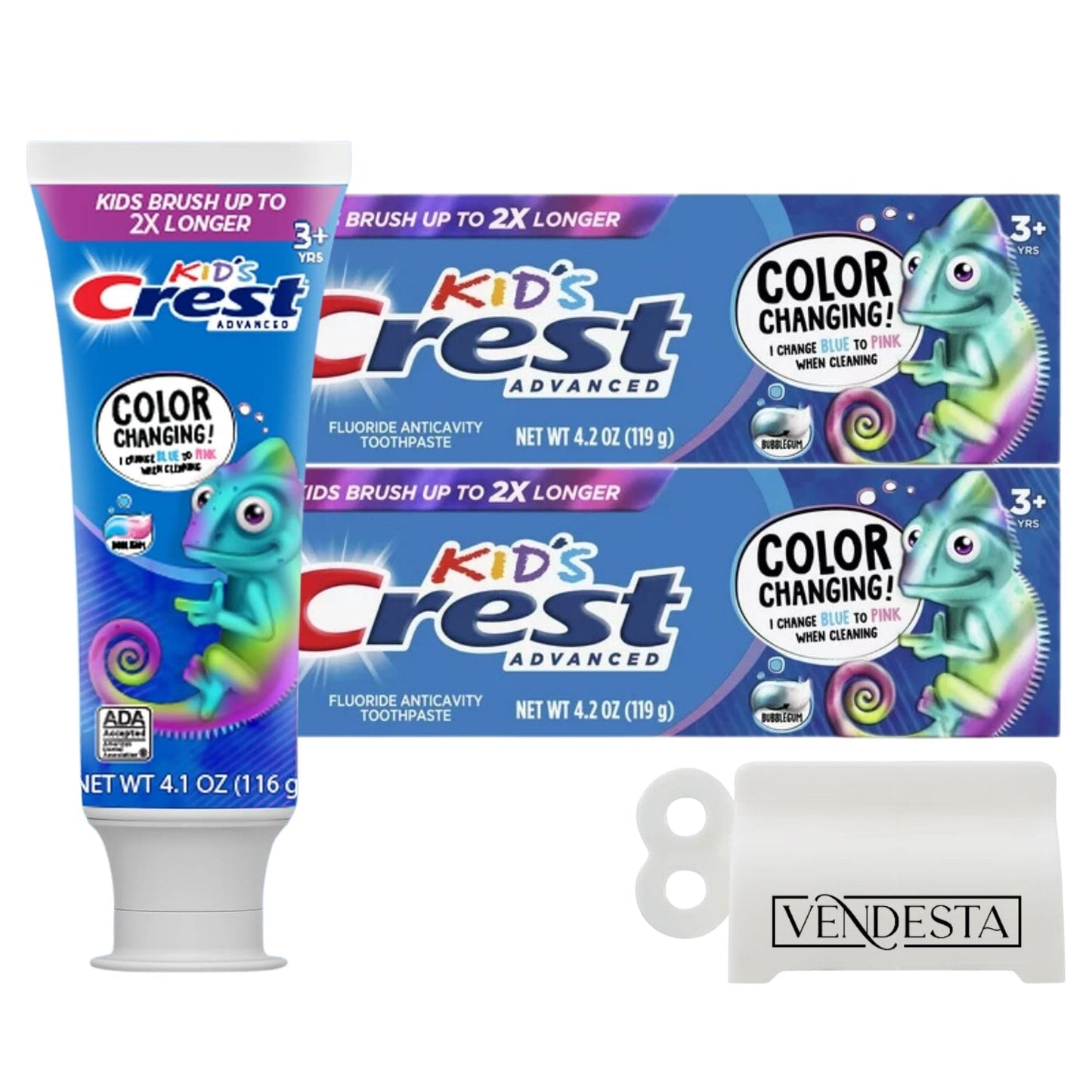 Crest Kids Color Changing Toothpaste Bundle — 2-Pack Bubblegum + VenDesta Squeezer