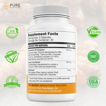 Pure Prescriptions Turmeric Curcumin C3 Complex with Bioperine - 1500mg per Serving | 90 Veg Capsules | Made in USA