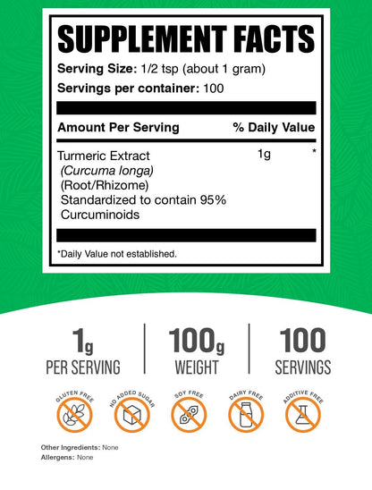 Turmeric Extract Powder — Gluten Free Turmeric Curcumin, 100g (3.5 oz) | 1g Serving | BulkSupplements.com