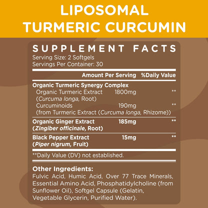 Liposomal Turmeric Curcumin Supplement 2200 mg with Black Pepper Extract 15 mg - 60 Softgels