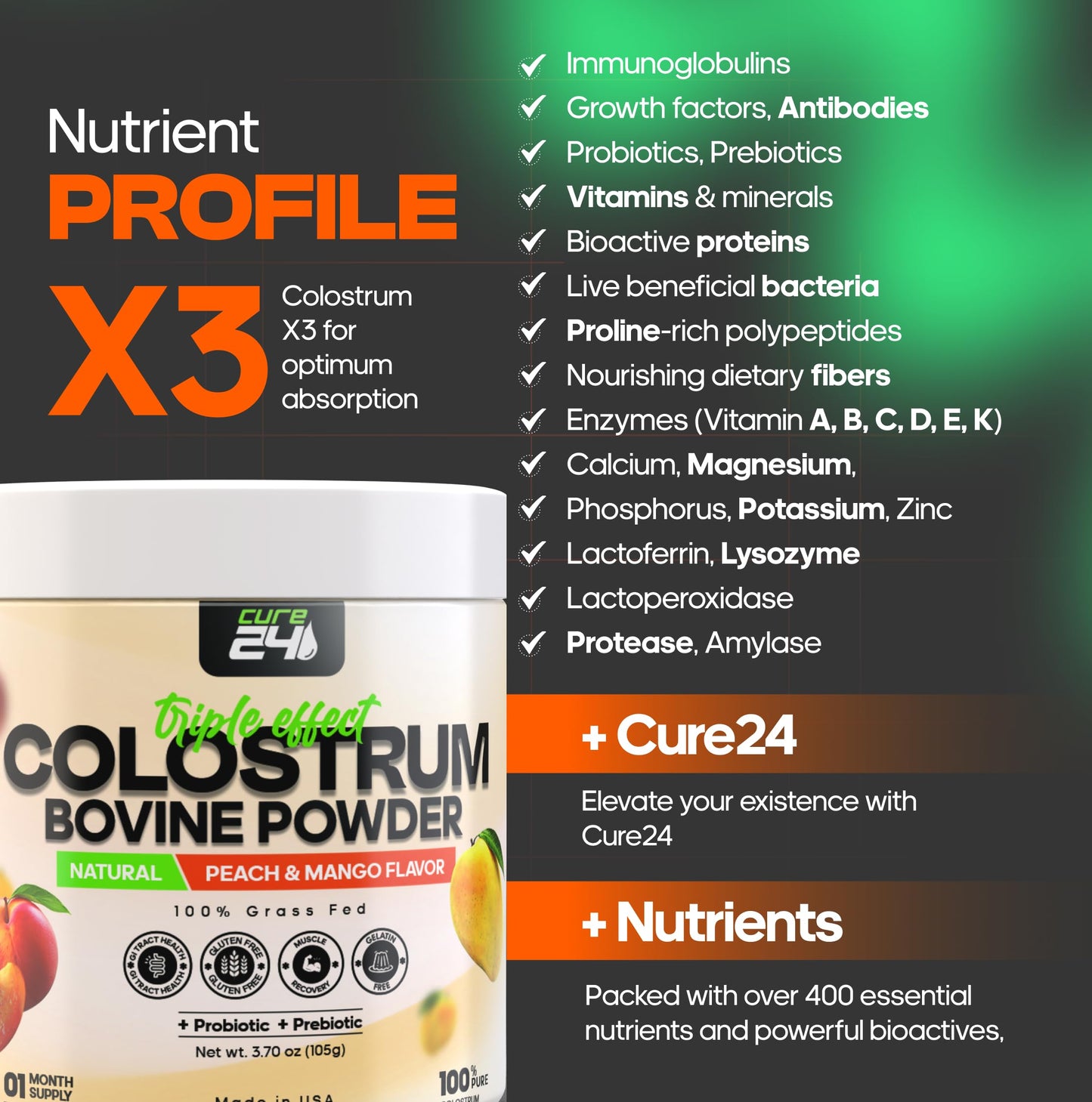Cure24 Bovine X3 Colostrum Powder for Humans - 100% Pure, Grass-Fed, High IgG