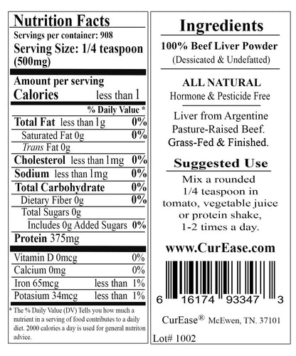 CurEase Argentine Grass-Fed Beef Liver Powder - Undefatted Desiccated 1 lb