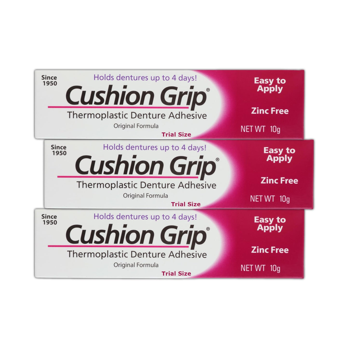 Cushion Grip Thermoplastic Denture Adhesive – 0.35 oz Travel Size (3 Pack) | Up to 4 Days Hold