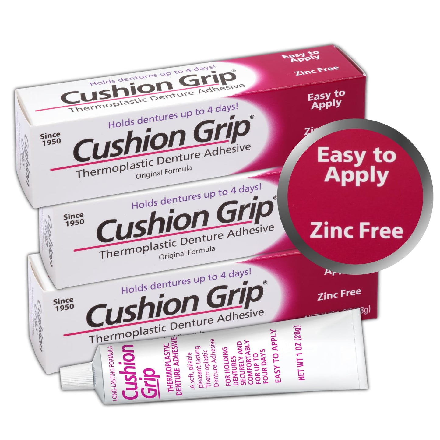 Cushion Grip Thermoplastic Denture Adhesive, 1 oz (Pack 3) | 4 Day Hold