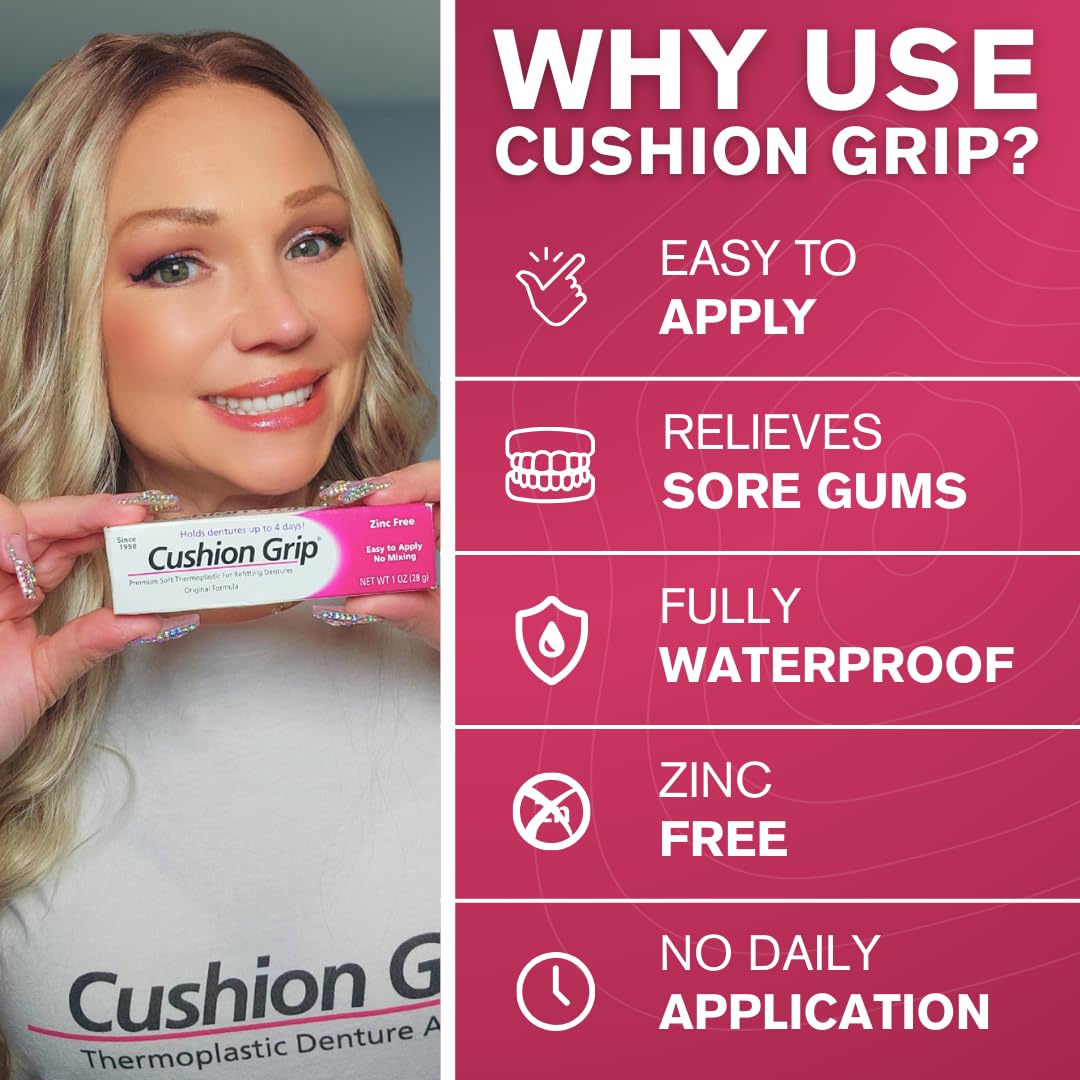 Cushion Grip Thermoplastic Denture Adhesive – 1oz, 2-Pack – Extra Strong Hold Up to 4 Days