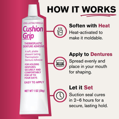 Cushion Grip Thermoplastic Denture Adhesive – 1oz, 2-Pack – Extra Strong Hold Up to 4 Days