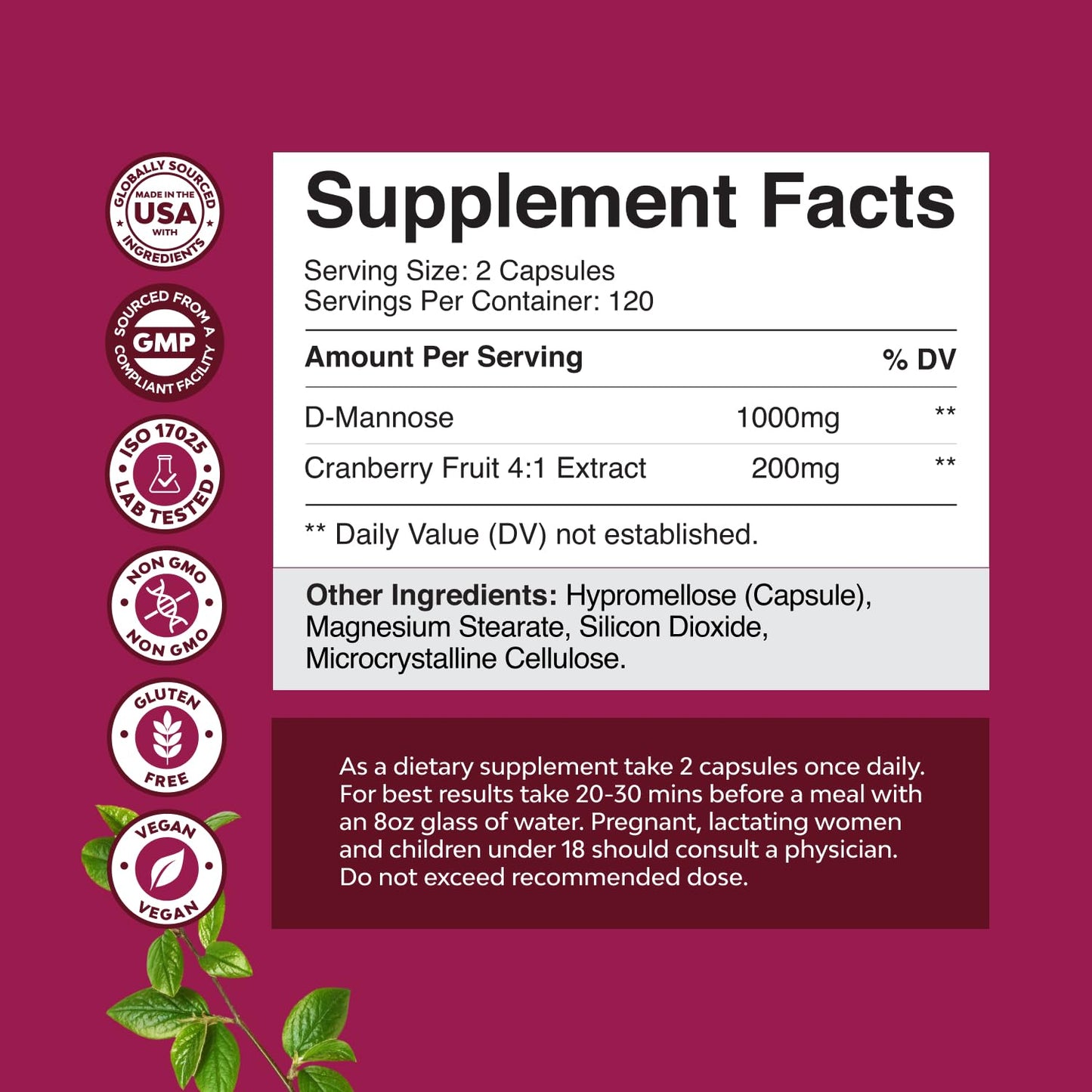 D Mannose with Cranberry 1000mg – Urinary Health & Kidney Support (240 Count)