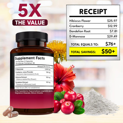 D-Mannose with Cranberry & Hibiscus – High-Strength UTI Support (180 Capsules)