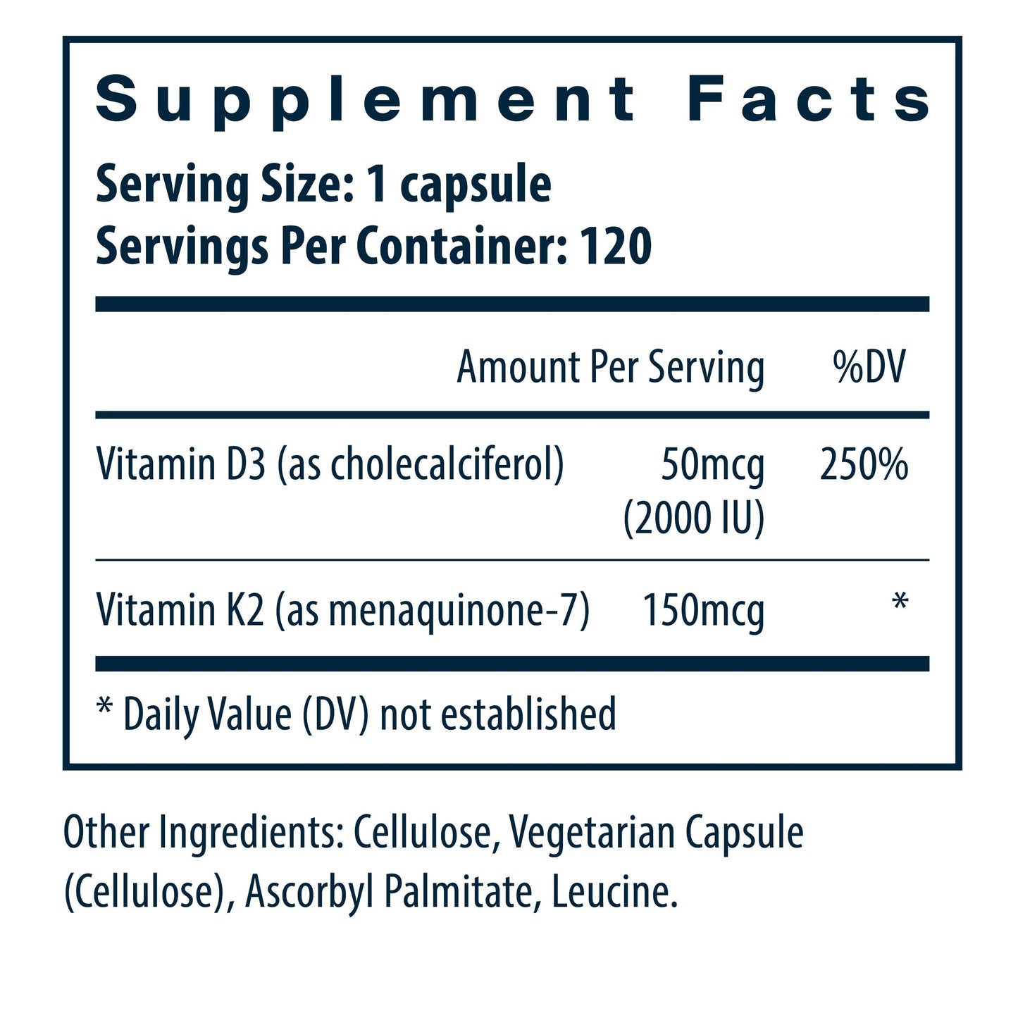 Vital Nutrients Vitamin D3 + K2 2000 IU — Bone & Muscle Support | 120 Capsules
