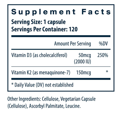 Vital Nutrients Vitamin D3 + K2 2000 IU — Bone & Muscle Support | 120 Capsules