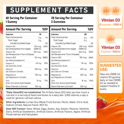 Vitamin D3 10000IU Gummies with K2 – Vegan, Sugar-Free Immune Support