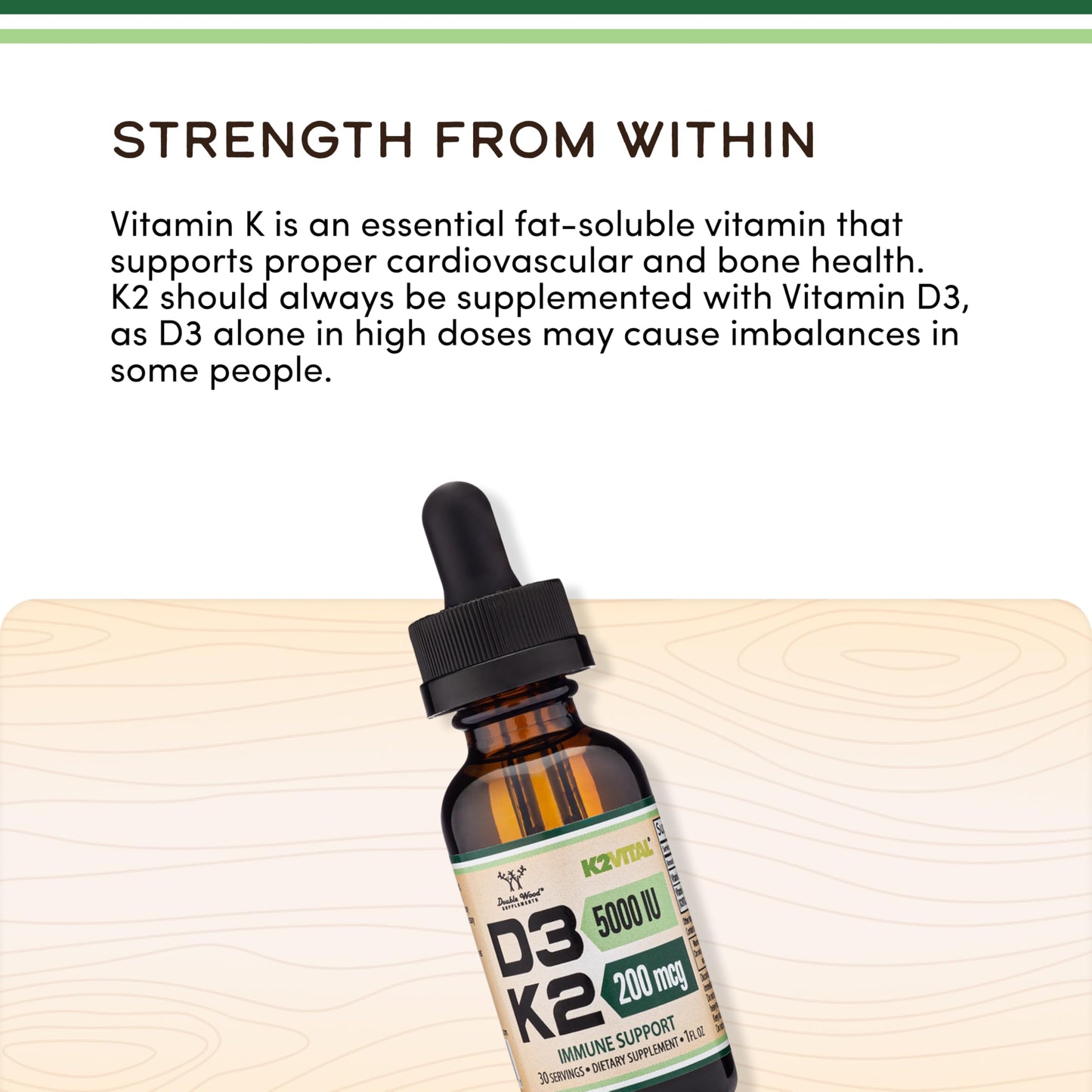 Vitamin D3 K2 Liquid Drops 5,000 IU | K2Vital MK-7 200 mcg | Double Wood