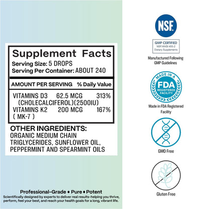 D3+K2 Liquid Mint Drops – High Potency Bioavailable D3 2500 IU, MK7 250 mcg