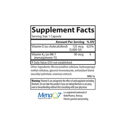 Carlson Super D3 + K2: Vitamin D3 5000 IU & K2 MK-7, 90 Veg Capsules