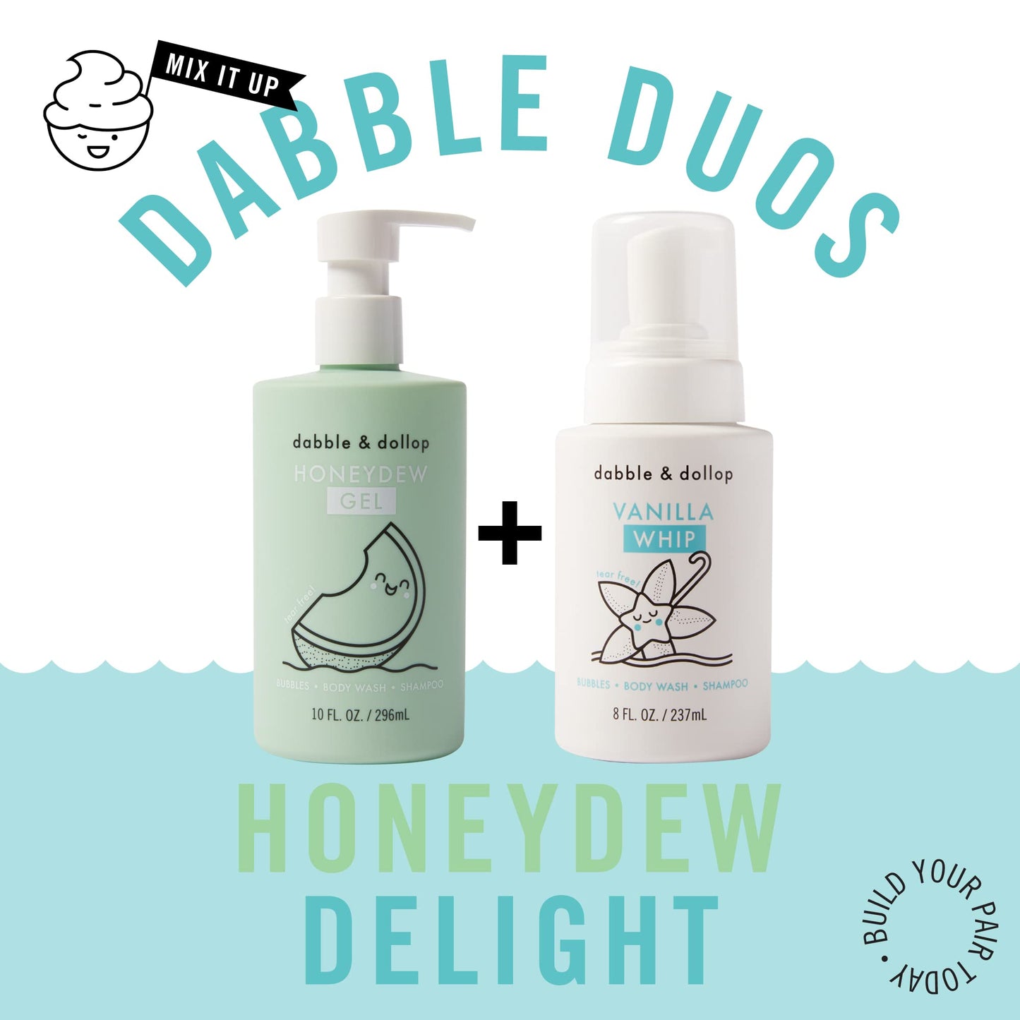 Dabble & Dollop Honeydew Melon 3-in-1 Body Wash & Shampoo for Kids – Tear-Free, Vegan (2-Pack)