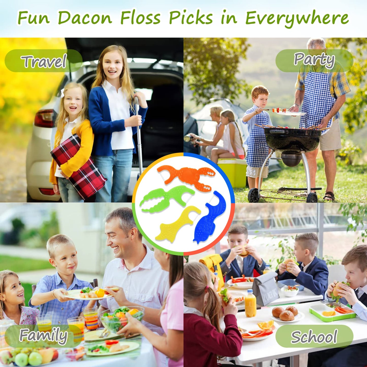 Dacon Kids Flossers – Fluoride-Free Unflavored Dental Floss Picks, 4 Ocean Animal Shapes (50 Count Pack of 3)
