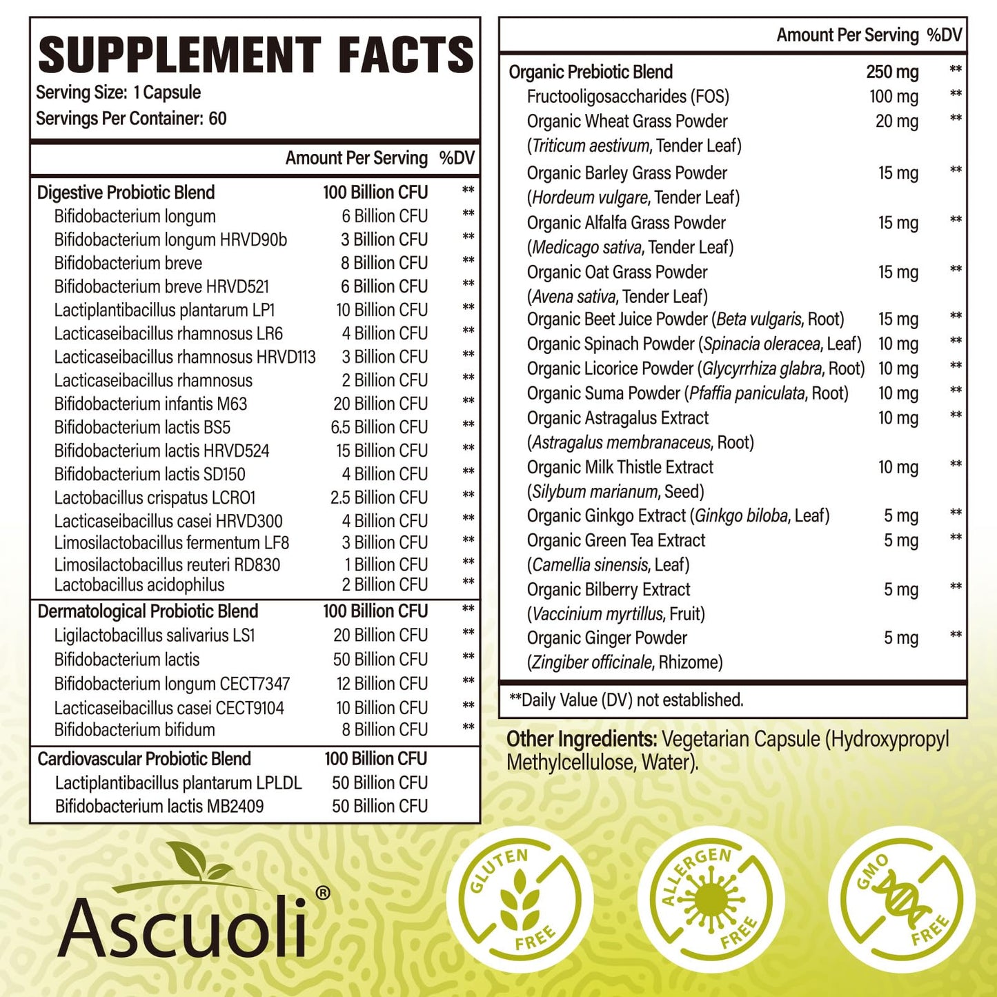 Ascuoli Probiotics for Women & Men – 300B CFU, 24 Strains + 15 Organic Herbs Prebiotic Blend | 240 Veg Capsules