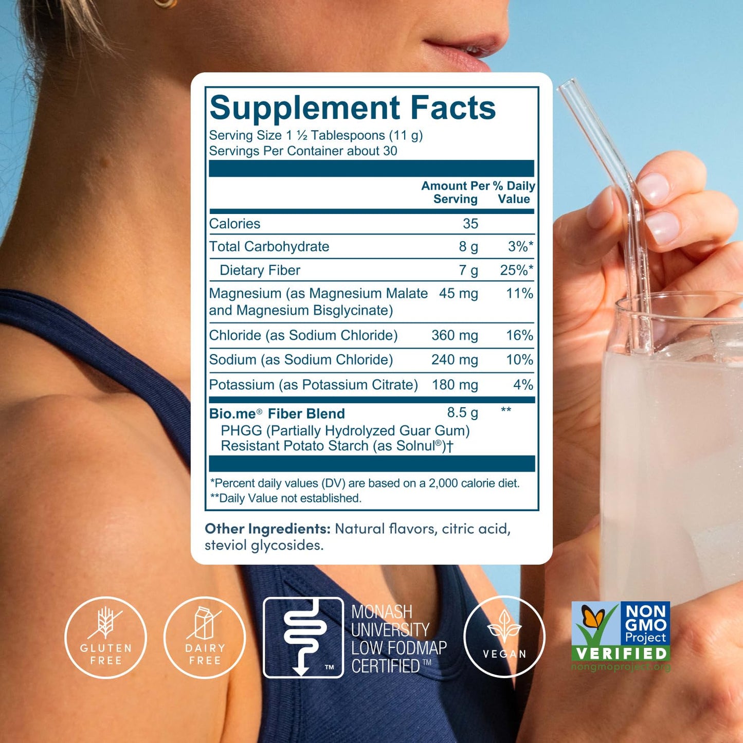 Daily Prebiotic Fiber Lemonade with Electrolytes - 7g Soluble Fiber per Serving - Sugar Free - 30 Servings