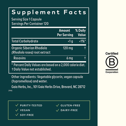 Gaia Herbs Rhodiola Rosea - Stress Support & Endurance - Siberian Root Extract - 120 Vegan Liquid Phyto-Caps (120 Servings)