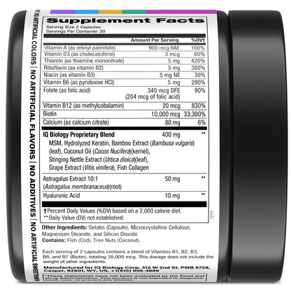 IQ BIOLOGY Biotin Collagen Keratin – Hair Growth Vitamins for Women & Men, 10000mcg Biotin + Hyaluronic Acid