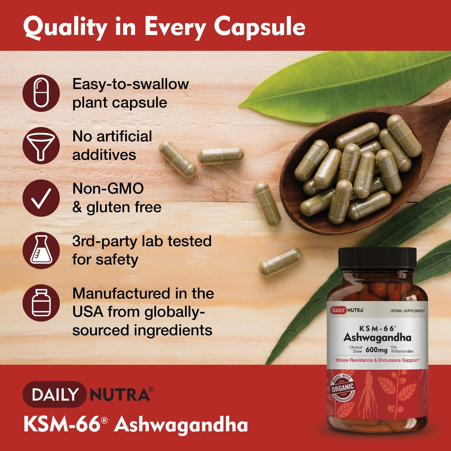 DailyNutra KSM-66 Ashwagandha 600mg Organic Root Extract – High Potency 5% Withanolides (60 Capsules)