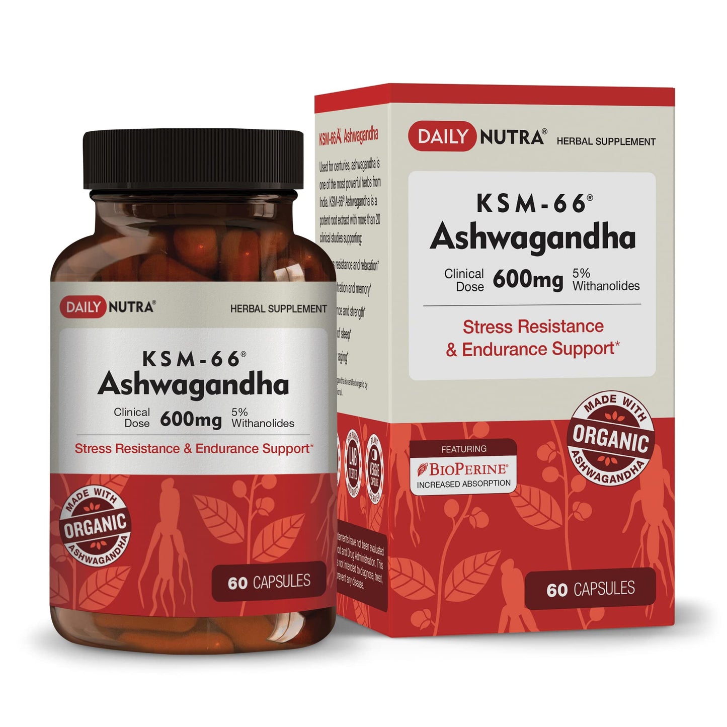 DailyNutra KSM-66 Ashwagandha 600mg Organic Root Extract – High Potency 5% Withanolides (60 Capsules)