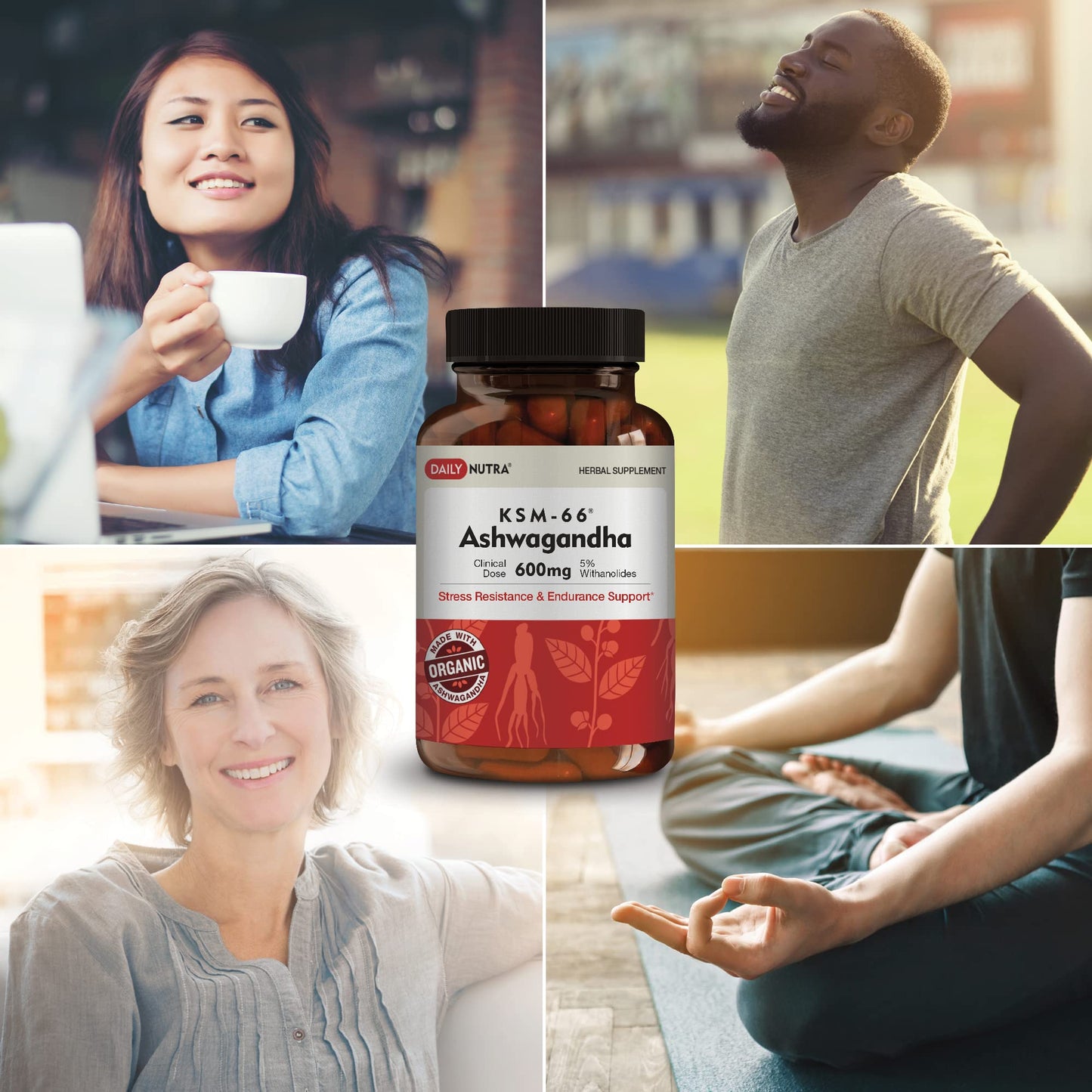 DailyNutra KSM-66 Ashwagandha 600mg Organic Root Extract - High Potency Supplement with 5% Withanolides | Relieves Tiredness, Supports Relaxation, Focus, Energy, & Muscle Growth (90 Capsules)