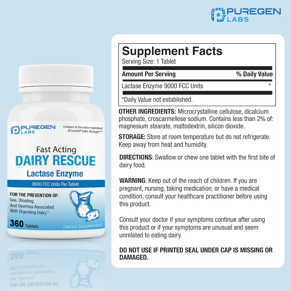 Puregen Labs Dairy Relief – Fast Acting Lactase Enzyme 9000 FCC | Lactose Intolerance Pills 360 Tablets
