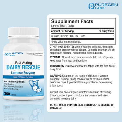 Puregen Labs Dairy Relief – Fast Acting Lactase Enzyme 9000 FCC | Lactose Intolerance Pills 360 Tablets