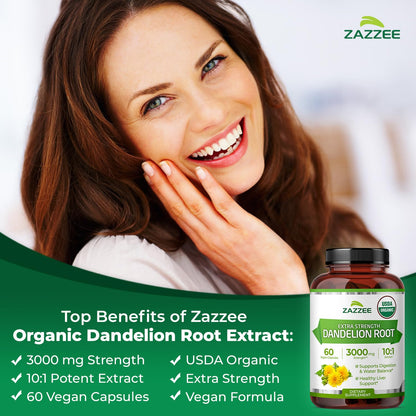 Zazzee Organic Dandelion Root 10:1 Extract - 3000 mg, 60 Capsules, 2-Month Supply