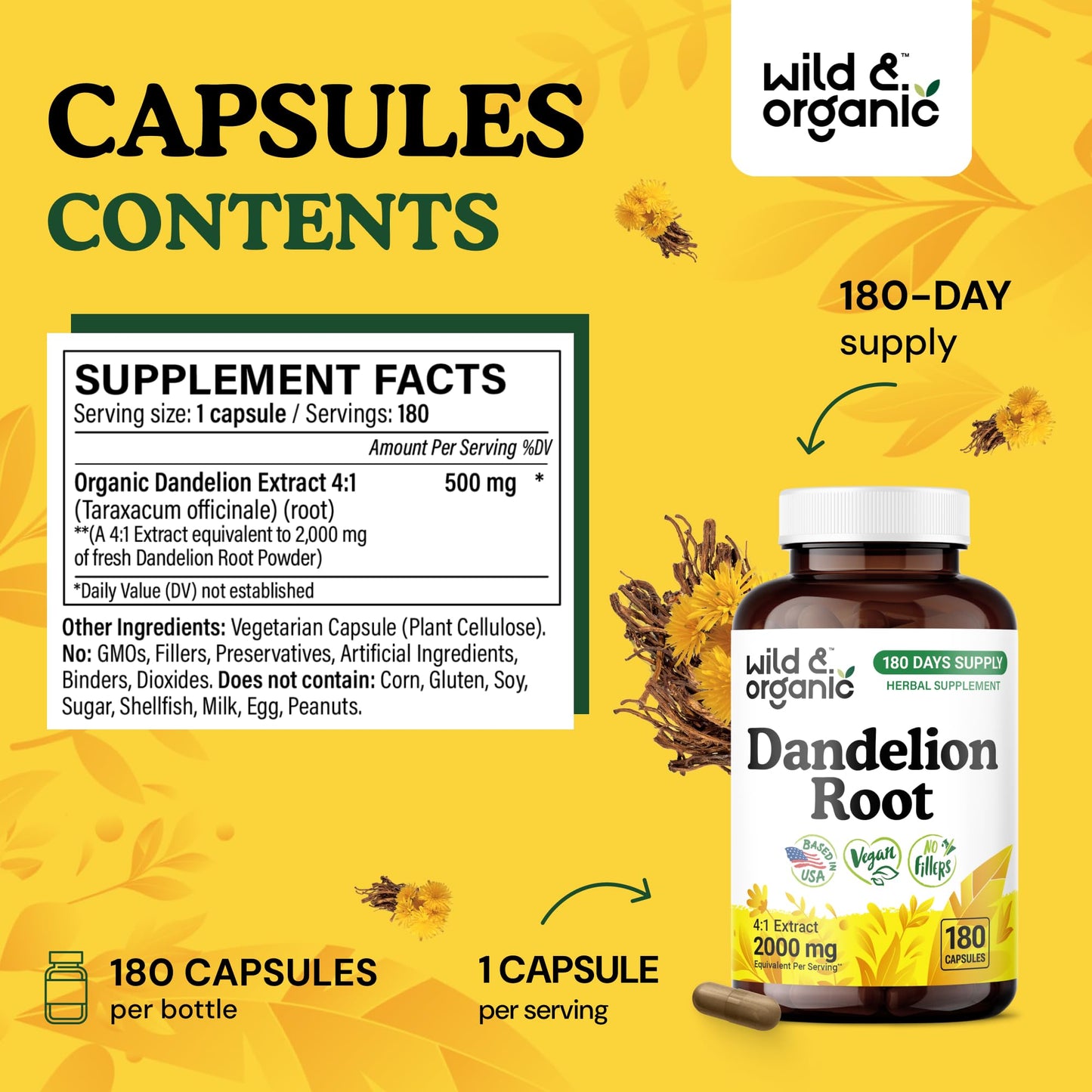 Wild & Organic Dandelion Root Capsules – 2000 mg per Capsule, Liver Support