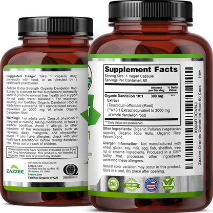 Zazzee Organic Dandelion Root 10:1 Extract - 3000 mg, 60 Capsules, 2-Month Supply