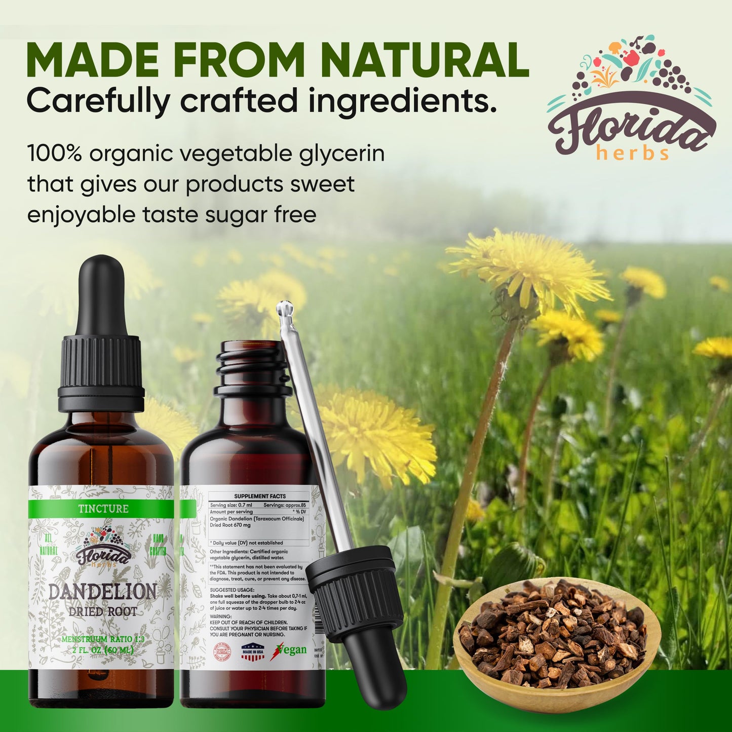 Florida Herbs Dandelion Root Tincture Organic - Non-GMO, Cold-Pressed Glycerin, 2 oz, 685 mg (Pack of 2)