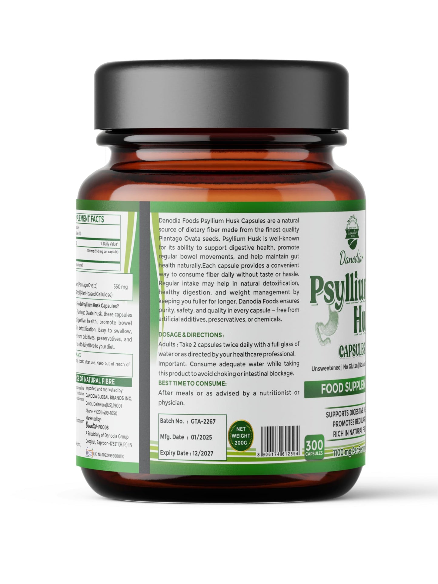 Danodia Foods Psyllium Husk Capsules – 300 Count | Veg Capsules | No additives or Filers | Gluten-Free, Non-GMO | Natural Fiber Supplement | No Artificial Colors or Preservatives