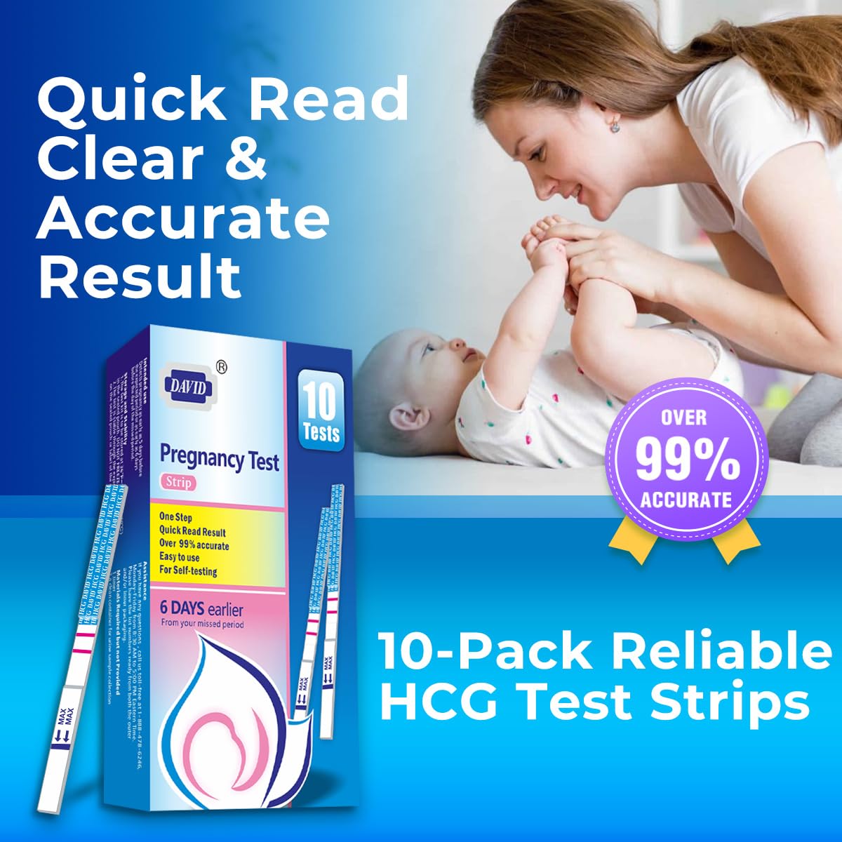 DAVID Pregnancy Test Strips – Early Detection HCG, 10 Count, 6 Days Before Missed Period