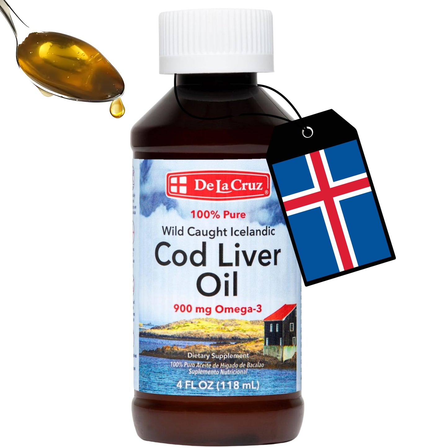 De La Cruz Cod Liver Oil Liquid – Pure Wild-Caught Icelandic Fish Oil 4 FL OZ (118 mL)
