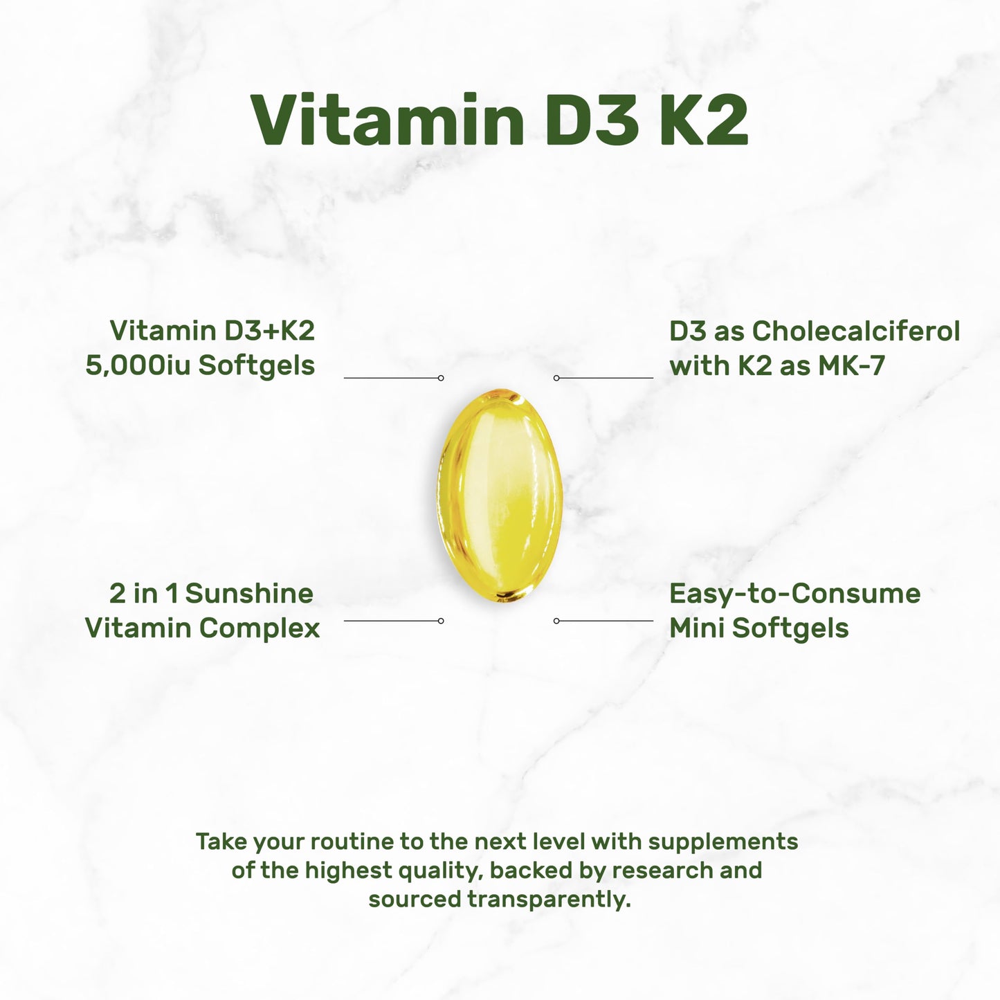 Vitamin D3 5000 IU + K2 MK7 Softgels – 2-in-1 Complex (250 Count) | Heart, Bone & Immune Support