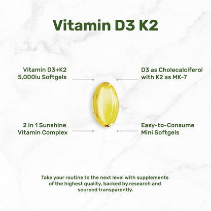 Vitamin D3 5000 IU + K2 MK7 Softgels – 2-in-1 Complex (250 Count) | Heart, Bone & Immune Support