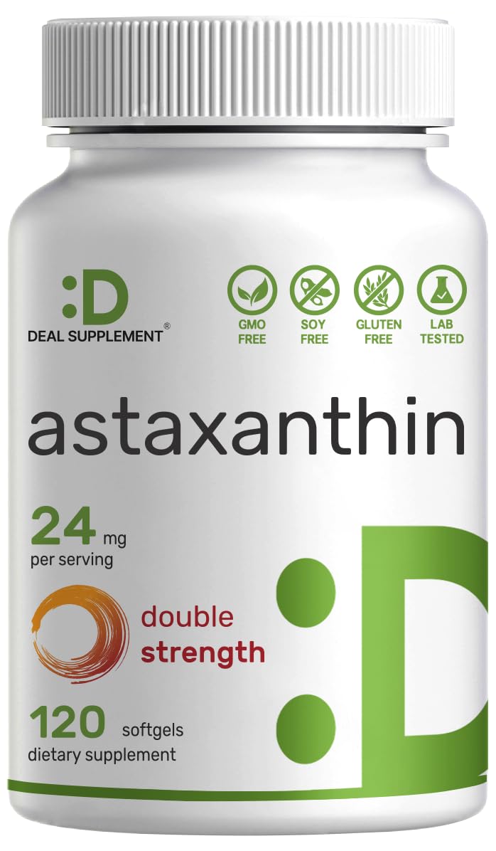 Astaxanthin 24mg per Serving – 120 Softgels, Double Strength Microalgae, Non-GMO