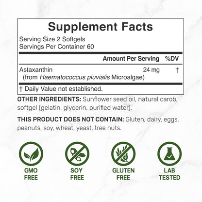 Astaxanthin 24mg per Serving – 120 Softgels, Double Strength Microalgae, Non-GMO