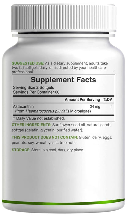 Astaxanthin 24mg per Serving – 120 Softgels, Double Strength Microalgae, Non-GMO