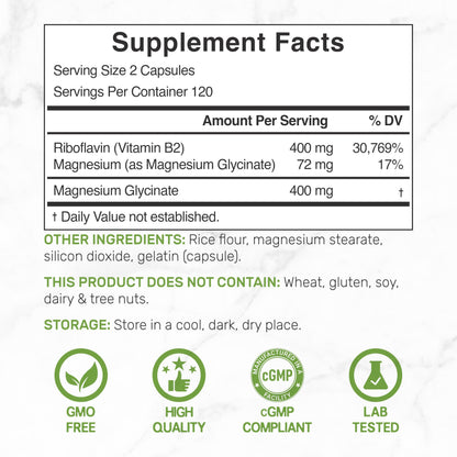 DEAL SUPPLEMENT Vitamin B2 400mg Riboflavin with Magnesium Glycinate 400mg – 240 Capsules